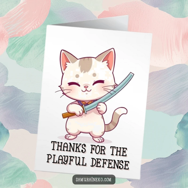 Funny Free Printable Thank You Card featuring a cat holding a miniature bamboo sword with playful intensity and a hint of mischief.