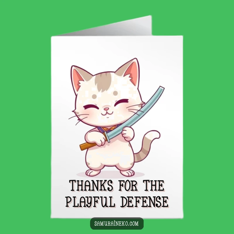 Free Printable Thank You Card: Grateful Cat Warrior, Bamboo Sword, Downloadable Gift