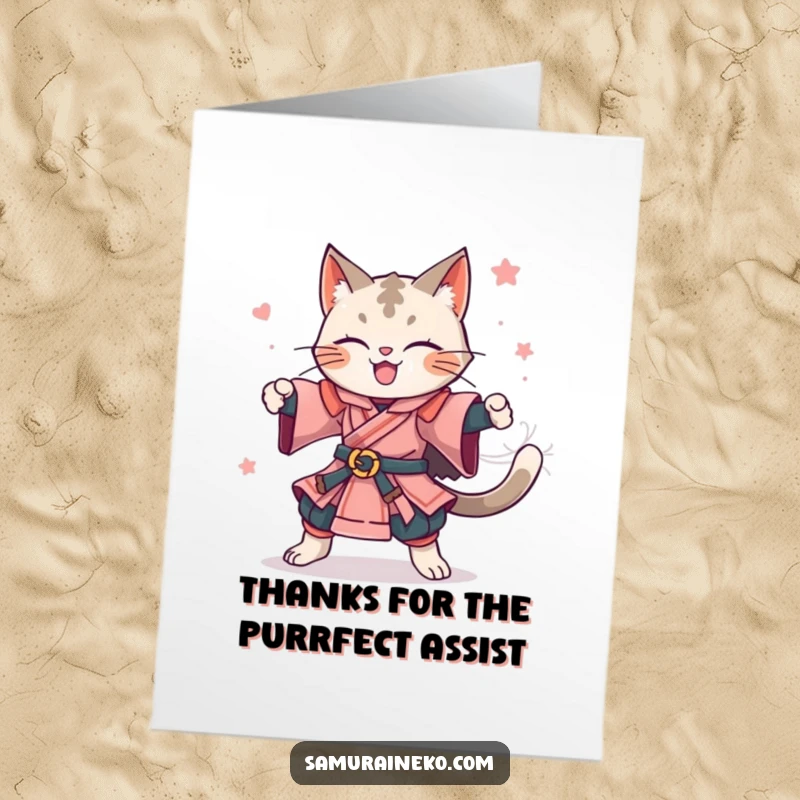 Funny Free Printable Thank You Card: Cat samurai in a happy, celebratory spin, showing heartfelt thanks.