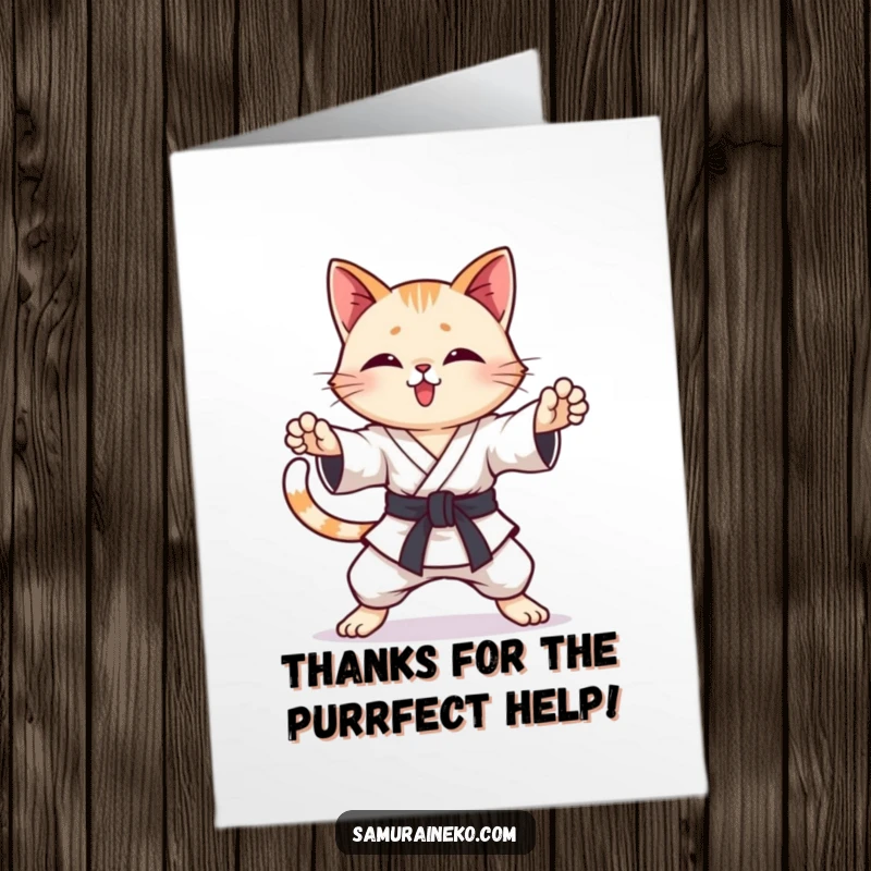 Funny Free Printable Thank You Card: A cute cat in karate poses with a happy, wagging tail.