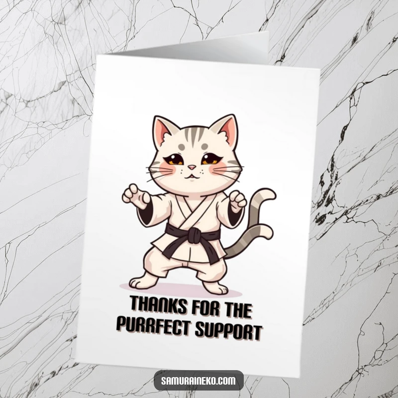 Funny Free Printable Thank You Card: A cat in a determined karate pose smiles with a happily wagging tail.
