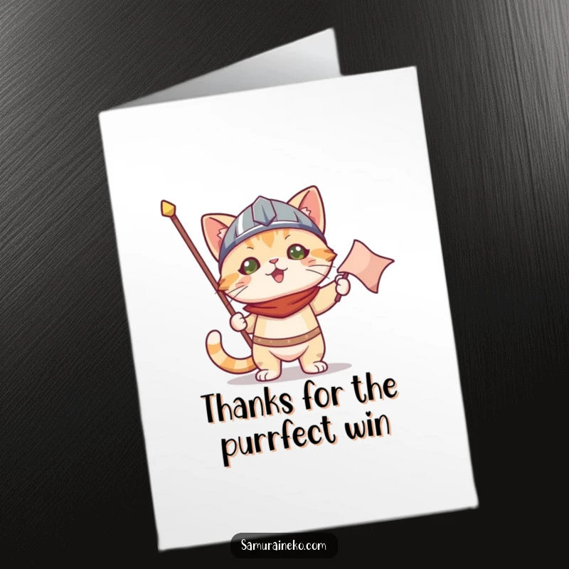 Funny free printable thank you card with a cat in a helmet holding a victory banner, celebrating gratitude.