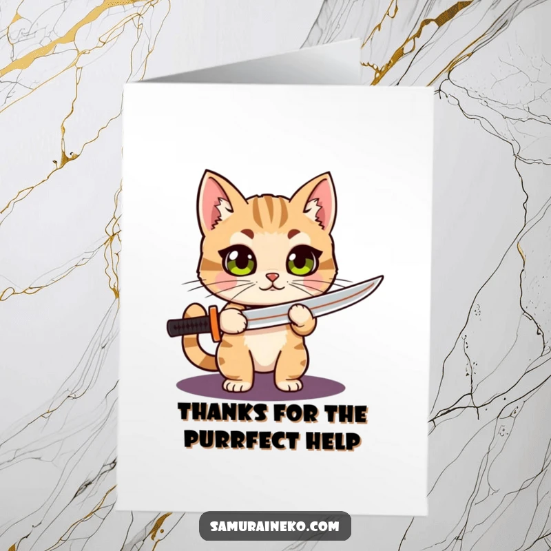 Funny Free Printable Thank You Card: Curious cat with wide eyes holds a tiny katana, offering thanks with pride.