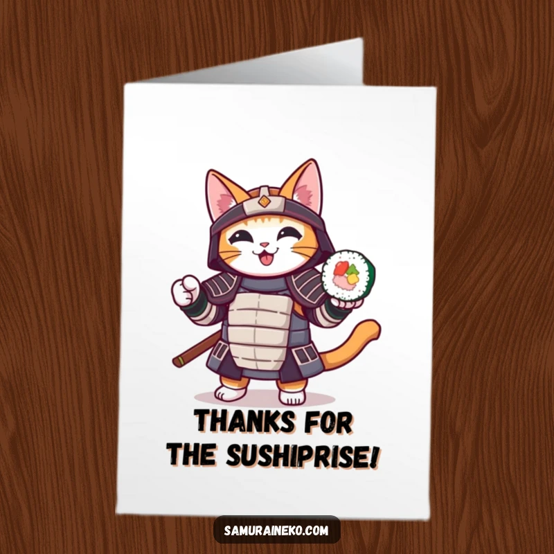 Funny Free Printable Thank You Card: A samurai cat proudly presents a sushi roll as a token of thanks.
