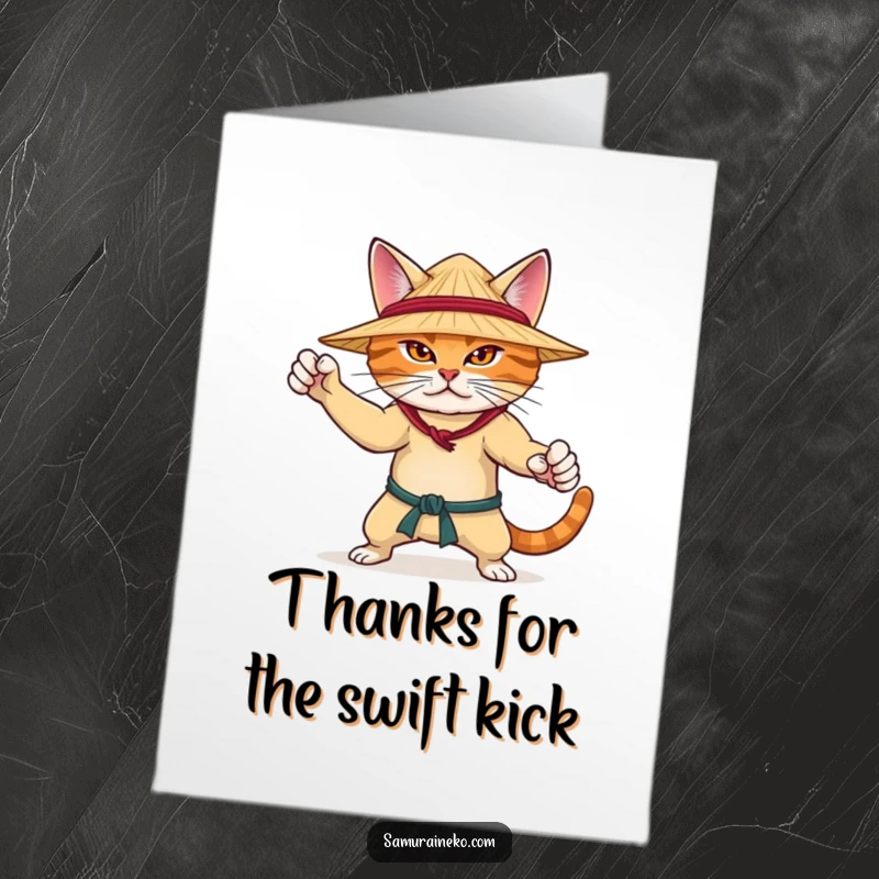 Funny Free Printable Thank You Card featuring a determined cat in a straw hat, striking a martial arts pose.