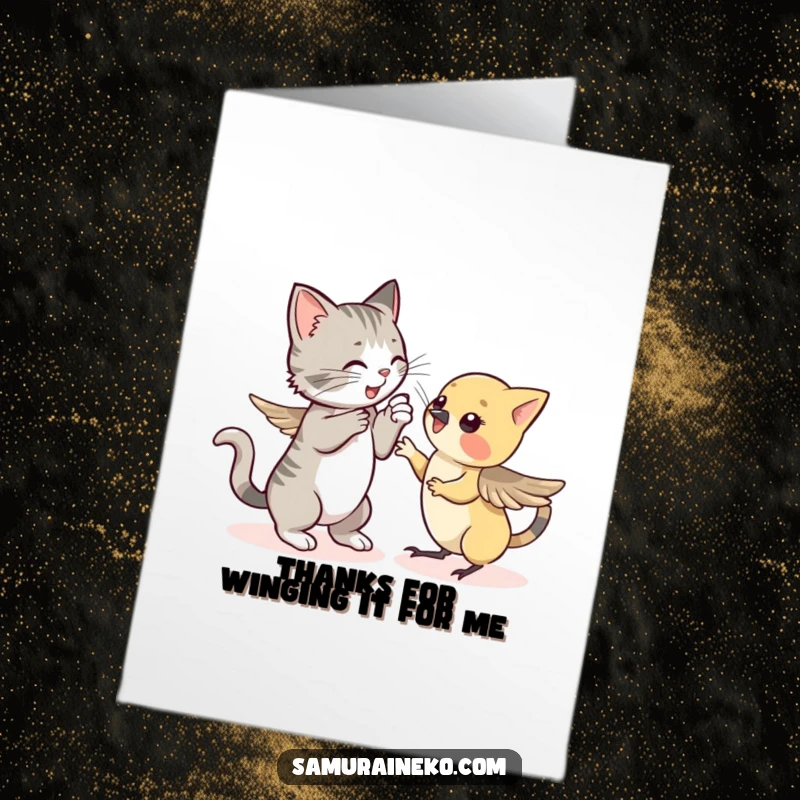 Funny free printable thank you card depicting a cat in mock combat with a fluttering sparrow, a whimsical thank you.