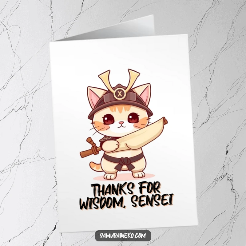 Funny Free Printable Thank You Card: A samurai cat with a helmet and scroll offers profound thanks.