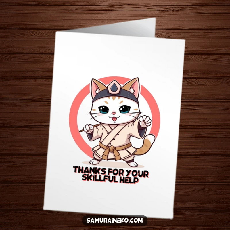 Funny Free Printable Thank You Card: Cat in samurai outfit smiling, practicing martial arts to express thanks.