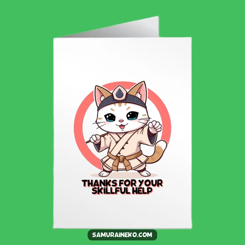 Free Printable Thank You Card: Grateful Samurai Cat Offering Thanks - Downloadable