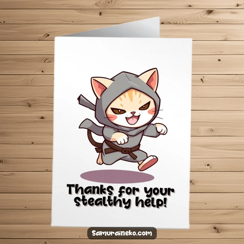Funny Free Printable Thank You Card: A cat ninja silently leaping from a shadow with a sly, mischievous grin, offering thanks.