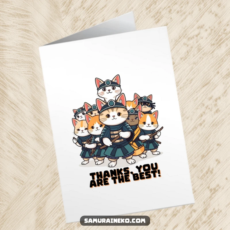 Funny Free Printable Thank You Card: A team of cats striking impressive samurai stances, ready for fun and thanks.