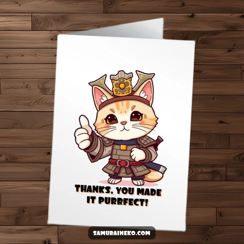Funny Free Printable Thank You Card: A polite cat samurai in armor flashing a friendly and approving thumbs-up.