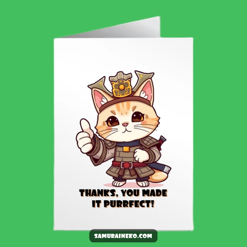 Free Printable Thank You Card: Cat Samurai Thumbs Up, Appreciative Downloadable