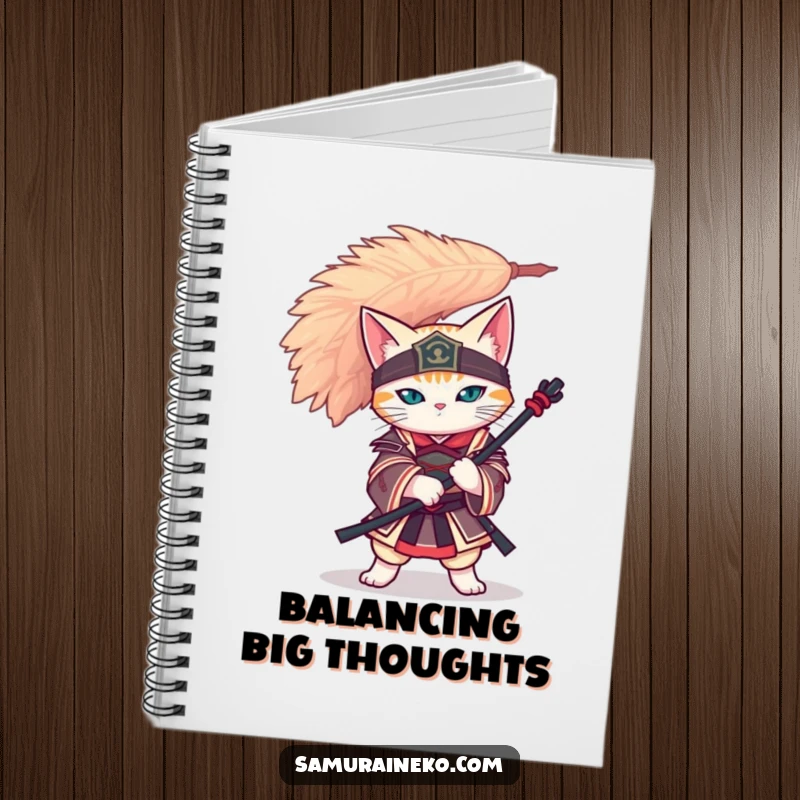 Funny cat samurai balancing a giant feather on its head, gracing the cover of a notebook for all your important notes.