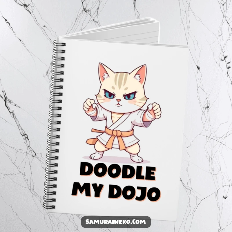Funny cat warrior with exaggerated martial arts stances on a notebook cover, ideal for humorous note-taking.