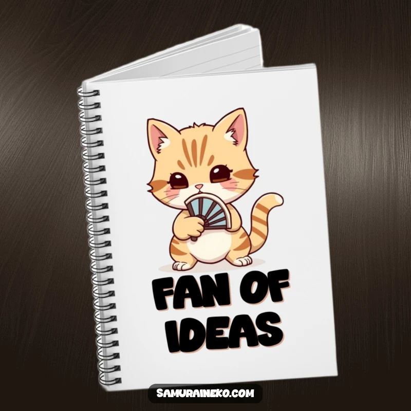 Funny cat warrior with a small battle fan, ready for a whimsical duel, featured on a notebook cover.