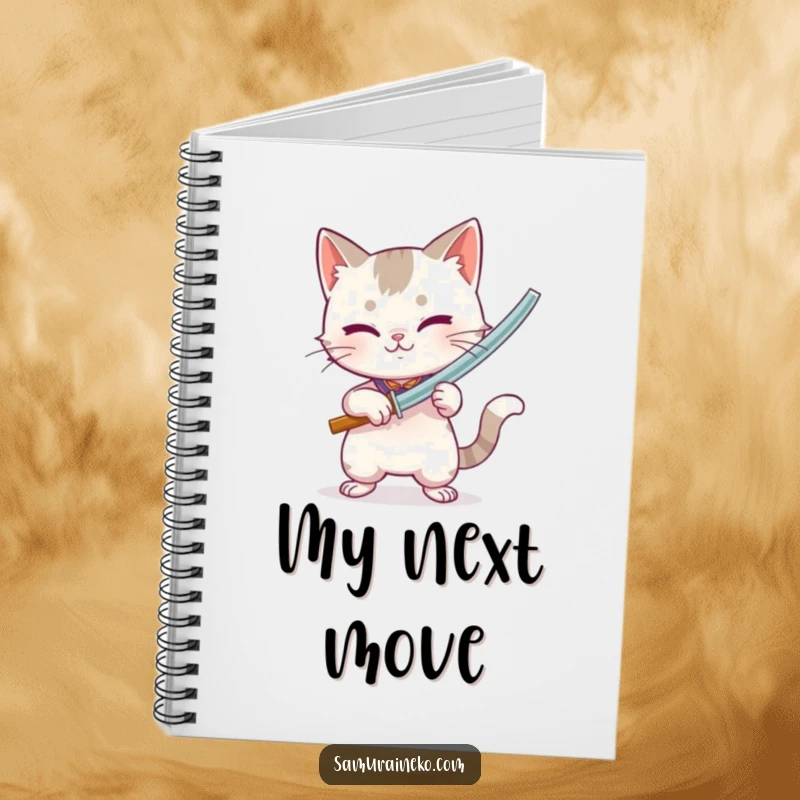 Funny notebook with a cat intensely holding a miniature bamboo sword, ideal for jotting down ideas with playful energy.