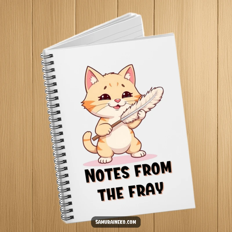 Funny notebook featuring a cat playfully sparring with a feather duster, perfect for jotting down funny ideas and notes.