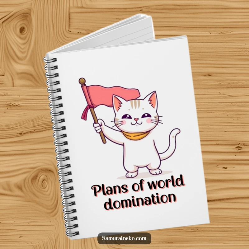 Funny notebook with a courageous cat striking a heroic pose, holding a miniature banner, ideal for jotting down funny thoughts.