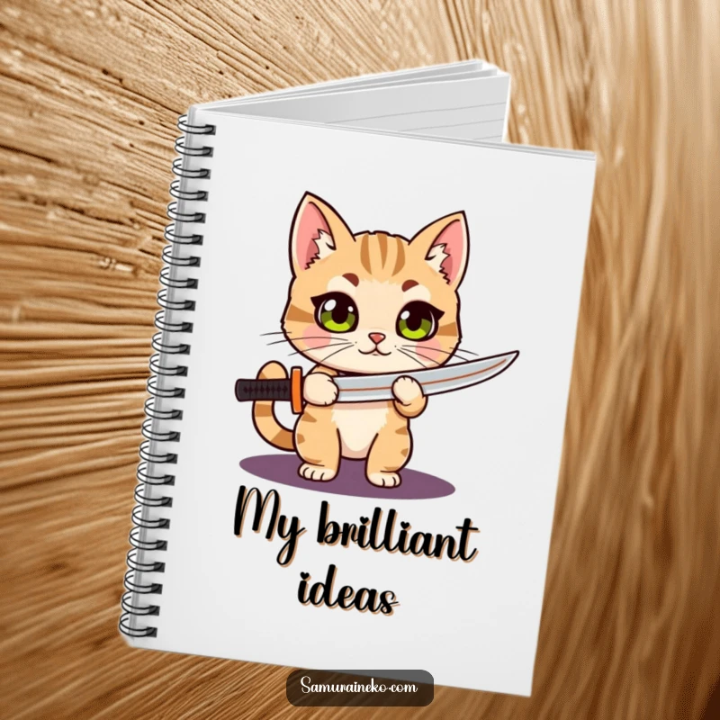 Funny Cat Katana notebook featuring a curious, wide-eyed cat proudly holding a tiny katana, perfect for jotting down notes with a fierce and humorous touch.