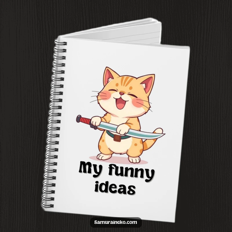 Funny Cat Laughing Sword Notebook featuring a cat rolling with laughter after a clumsy sword swing, perfect for jotting down thoughts.