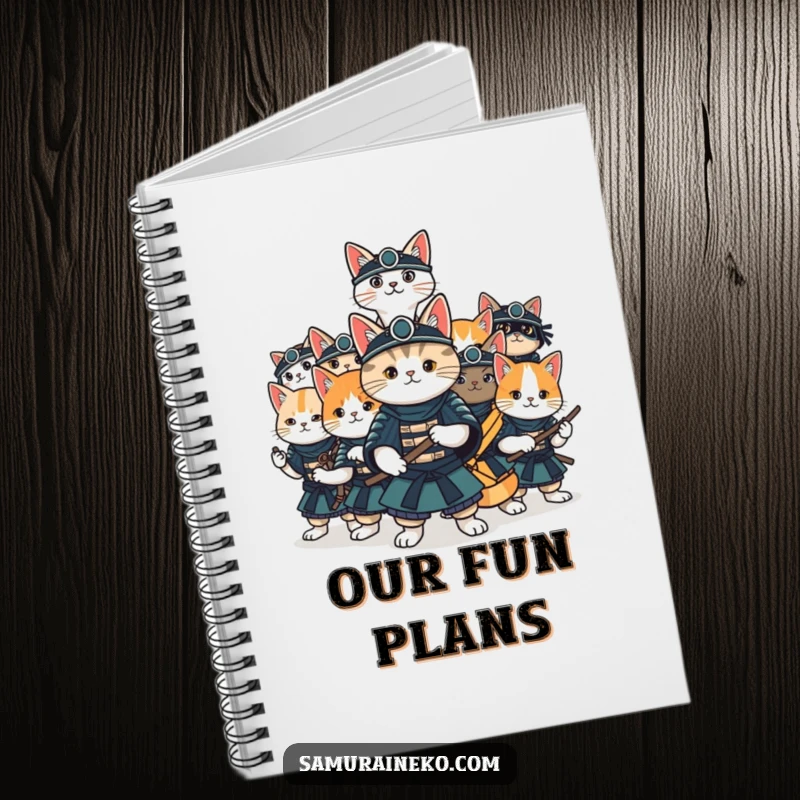 Funny cat samurai notebook with a group of cats striking various samurai poses, ready for enjoyable planning.