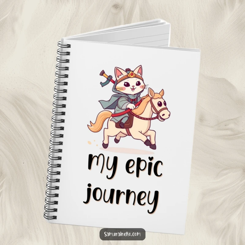 Funny cat samurai notebook with a feline warrior riding a hobby horse, charging forward with gleeful intent.