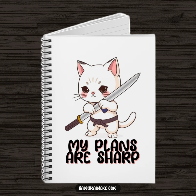 Funny cat character dramatically sheathing a minuscule katana with pride on a notebook, perfect for jotting down humorous thoughts.