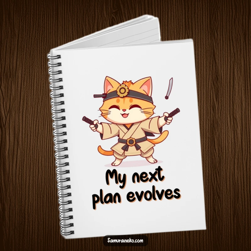 Funny cat samurai notebook with a smiling cat character juggling tiny katanas, designed for capturing notes with artistic and humorous flair.