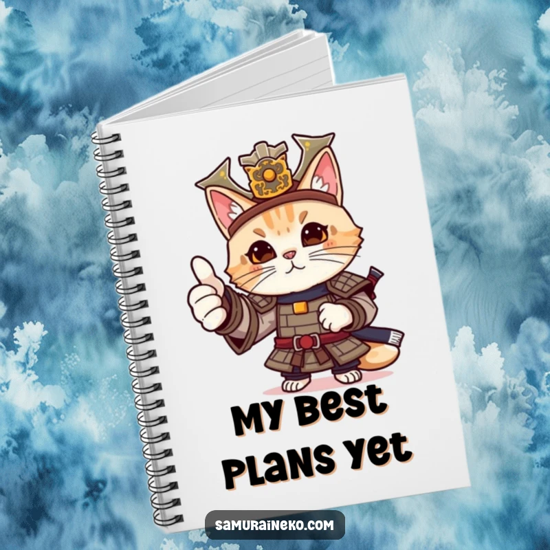 Funny cat samurai notebook with a feline warrior in detailed armor giving a friendly, approving thumbs-up.