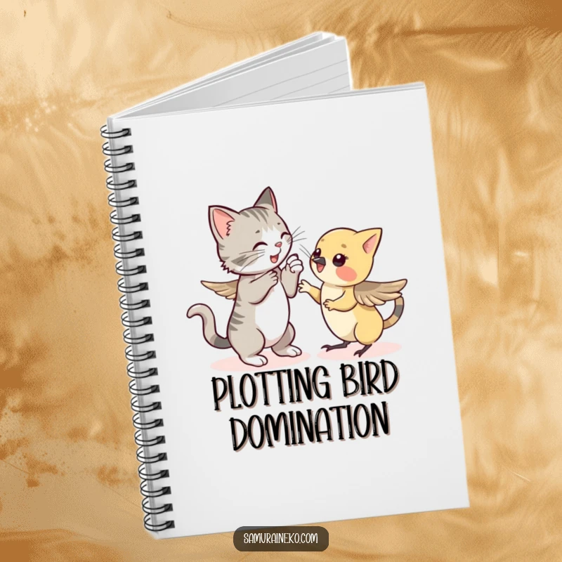 Funny notebook cover: a cat playfully sparring with a fluttering sparrow, ideal for jotting down humorous thoughts and notes.