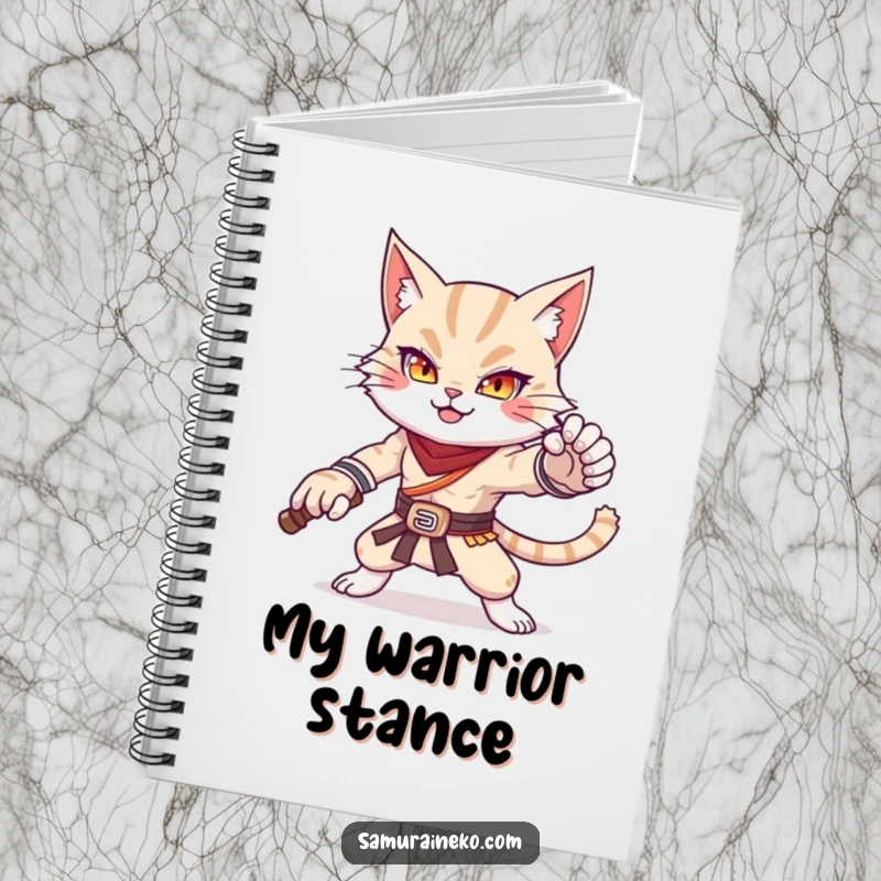 Funny notebook with a cat warrior striking a powerful and adorable pose, great for jotting down strategic and humorous thoughts.