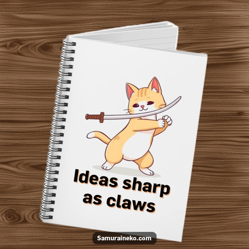 Funny cat warrior with a sword flourish on a notebook cover, perfect for capturing creative or humorous ideas.