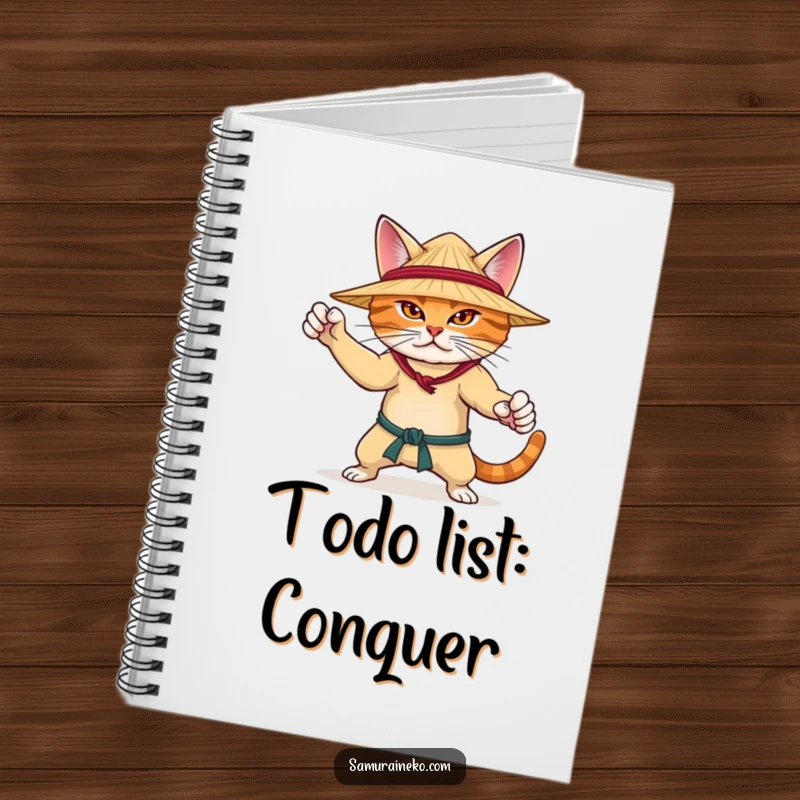Funny notebook with a determined cat in a martial arts pose wearing a straw hat, ideal for note-taking with focus and humor.