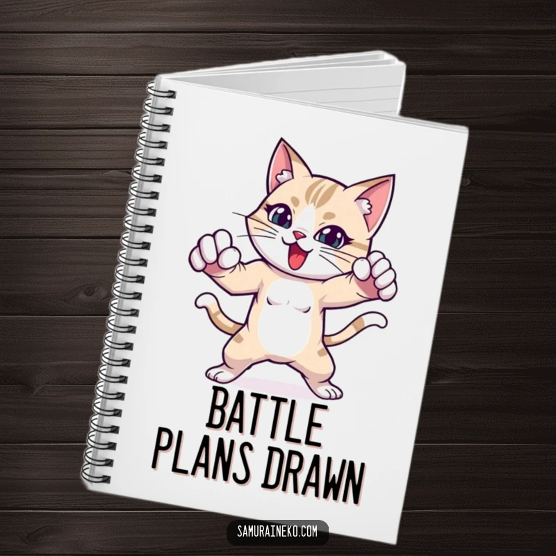Funny cat notebook depicting a cat character in a dynamic and playful fighting pose.