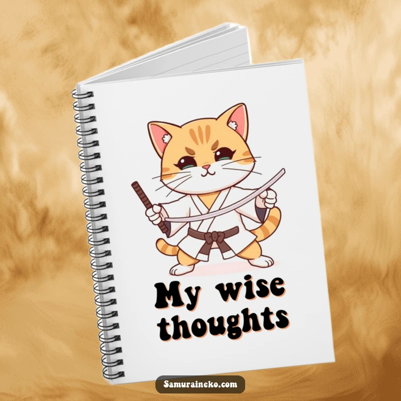 Funny cat practicing sword stances with intense focus and a slight smile, on a notebook for planning.