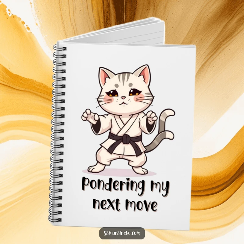 Funny notebook featuring a cat in a karate pose with a determined expression and a happy, wagging tail, for notes.
