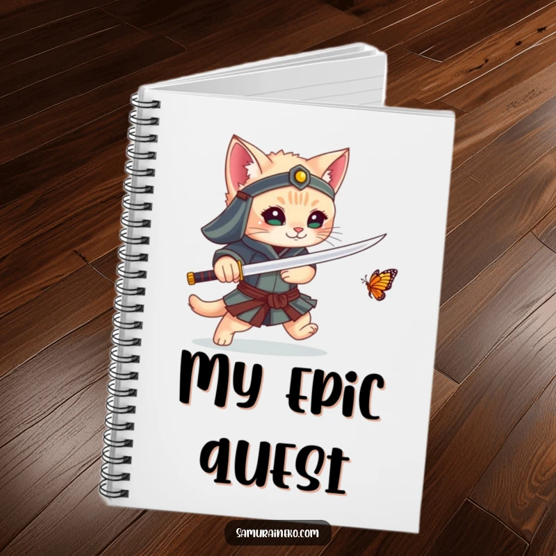Funny notebook with a kitten samurai playfully chasing a butterfly with its sword, great for jotting down humorous thoughts and plans.