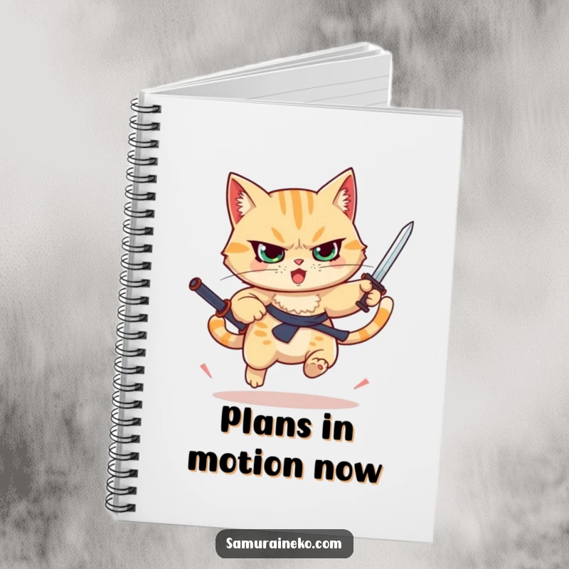 Funny determined cat leaping with a raised sword, lined notebook, perfect funny gift for planners.