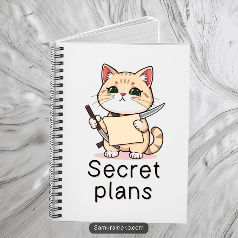 Funny cat holding a miniature katana with pride and a tiny scroll, inspiring precise writing in this humorous notebook.