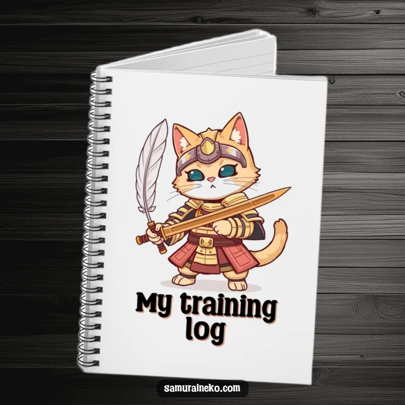Funny cat in full samurai armor parrying a feather with a wooden sword, on a notebook for planning.