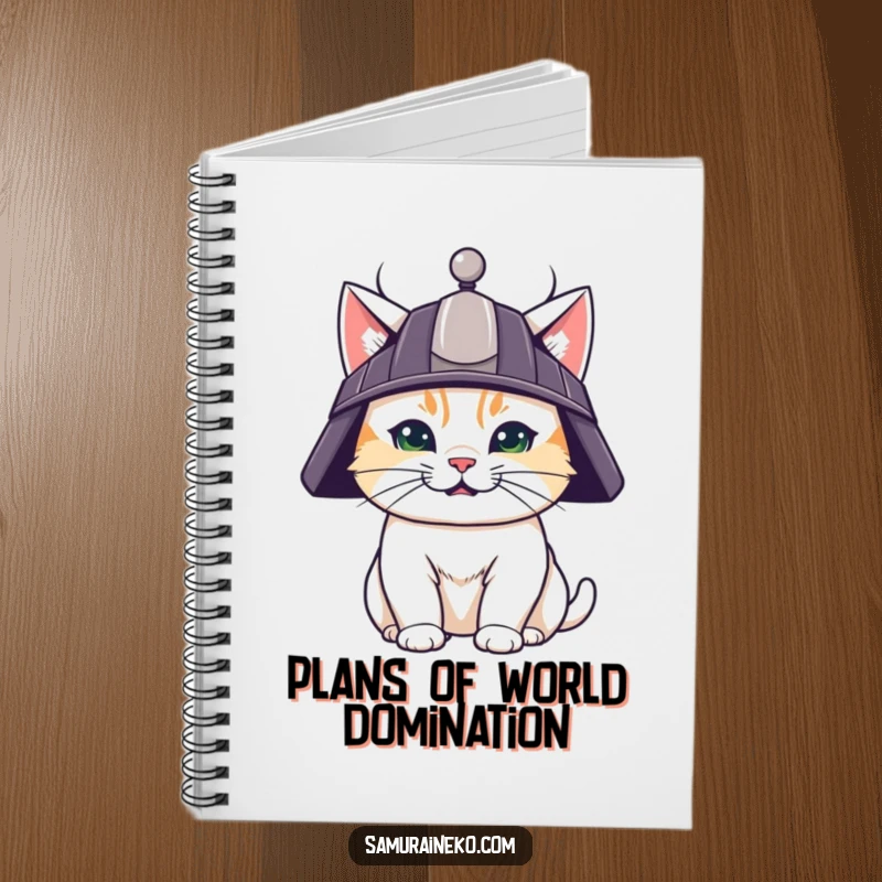 Funny notebook featuring a determined cat in a samurai helmet, perfect for recording strategies with a touch of warrior humor.