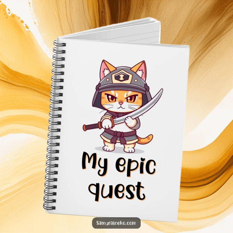 Funny notebook with a determined cat wearing a helmet, unsheathing a tiny katana, encouraging planning with feline warrior humor.