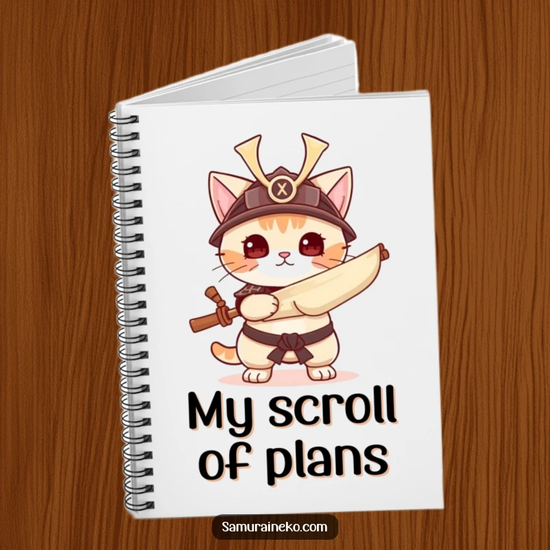 Funny cat in samurai helmet with scroll, lined notebook, perfect funny gift for planners.