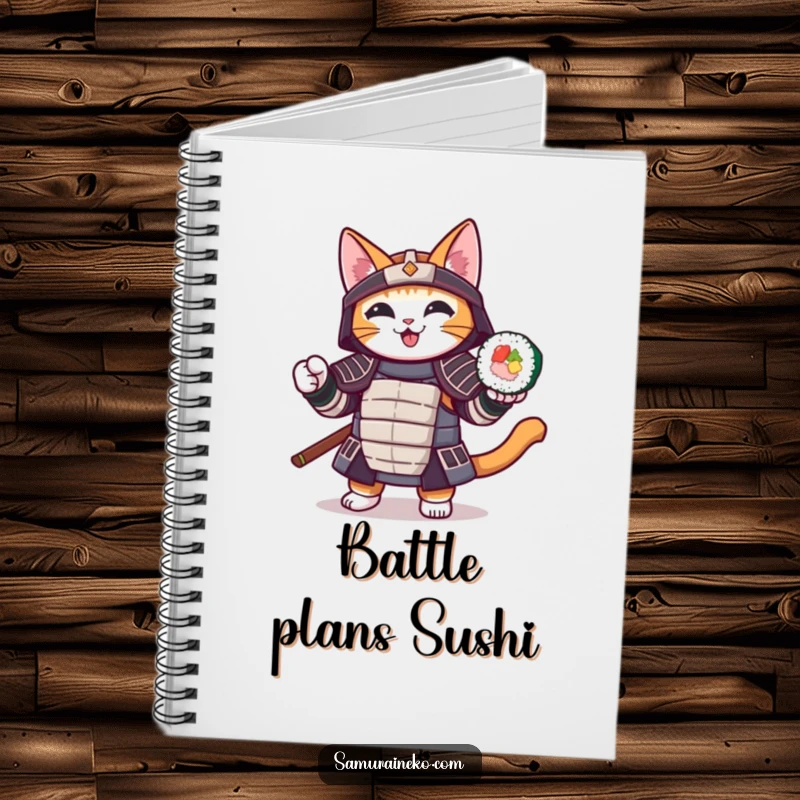 Funny notebook featuring a samurai cat cheerfully holding a sushi roll, perfect for note-taking and planning.