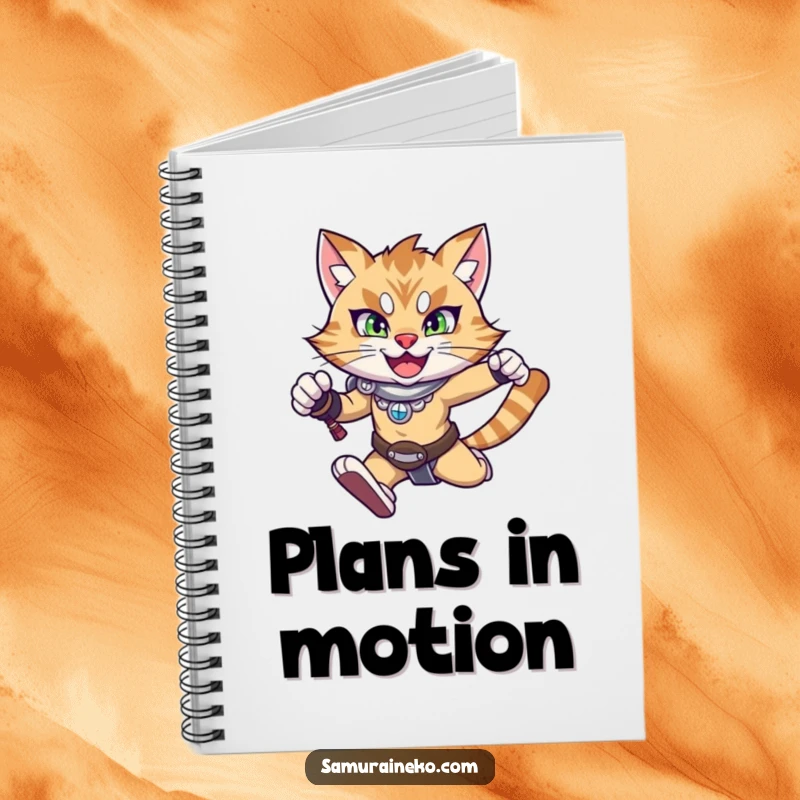 Funny notebook featuring a happy warrior cat mid-leap with a determined expression, perfect for notes and planning.