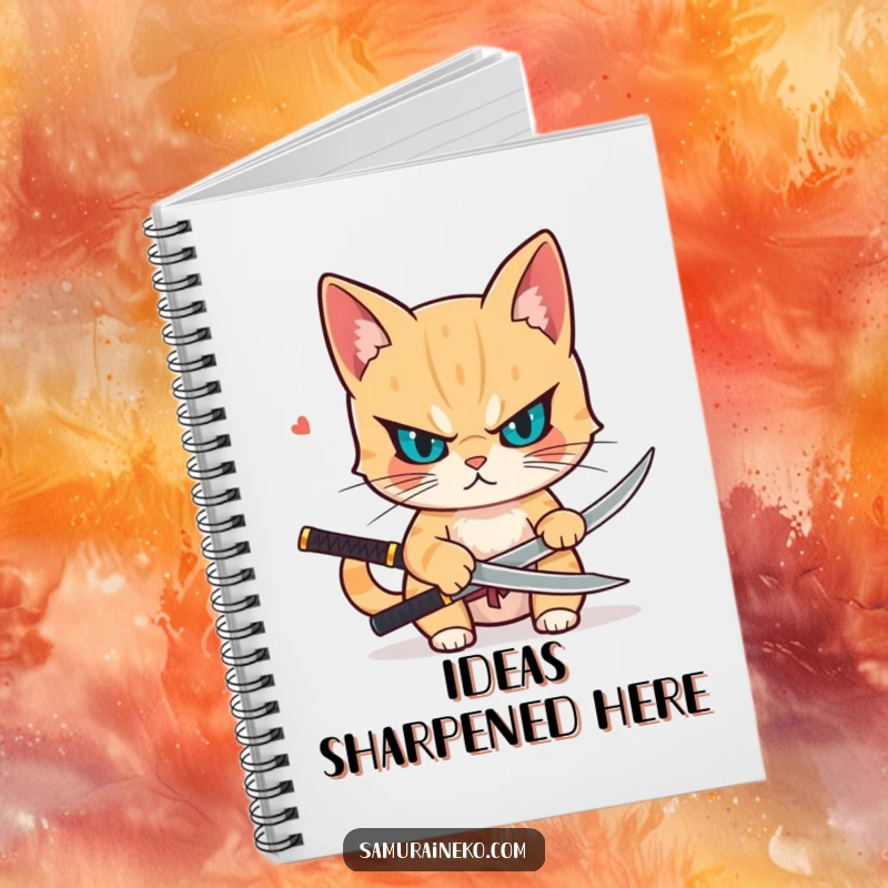 Funny notebook with a determined cat drawing a small katana, ideal for note-taking with sharp focus and a touch of humor.