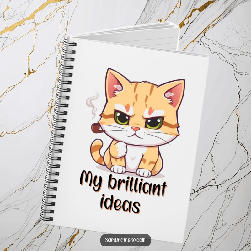 Funny notebook with a cat holding a tiny smoking pipe, encouraging thoughtful writing with feline intellectual humor.