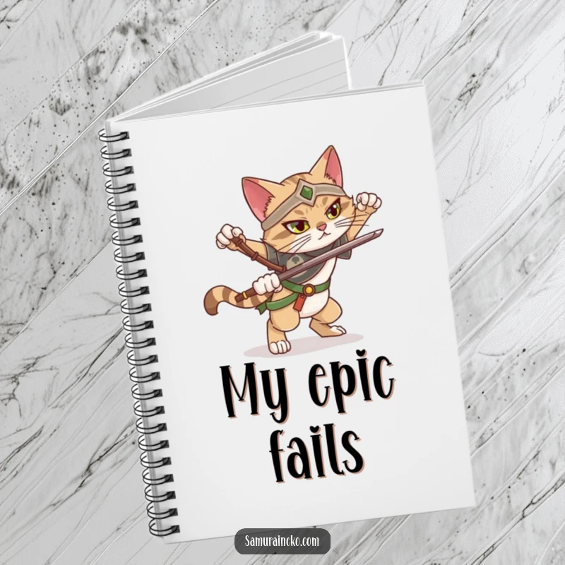 Funny notebook with a cat warrior attempting a dramatic pose and slightly losing balance, ideal for jotting down plans.