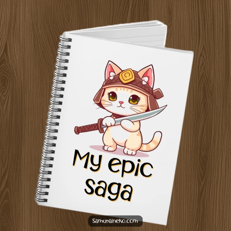 Funny cute cat in a tiny samurai helmet unsheathing a playful sword, on a notebook for planning.